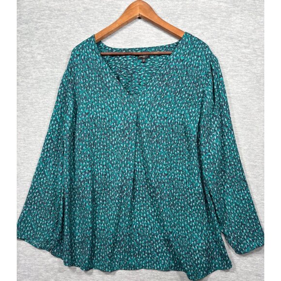 Talbots Womens 2X Blouse Teal Print LongSleeve Relaxed Fit - Picture 1 of 6